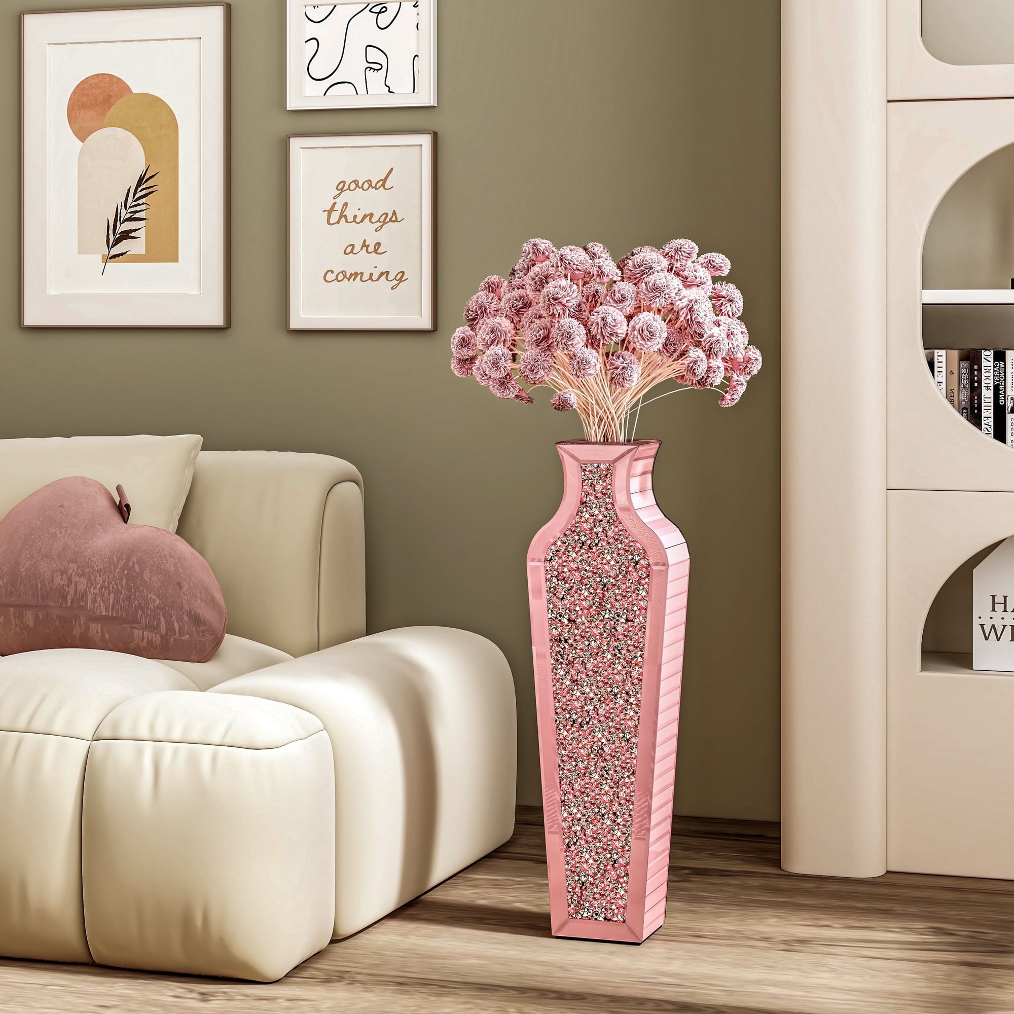 SHYFOY Pink Crushed Diamond Floor Vase 26.8" Tall Mirror Glass Large Vase for Dried Flower