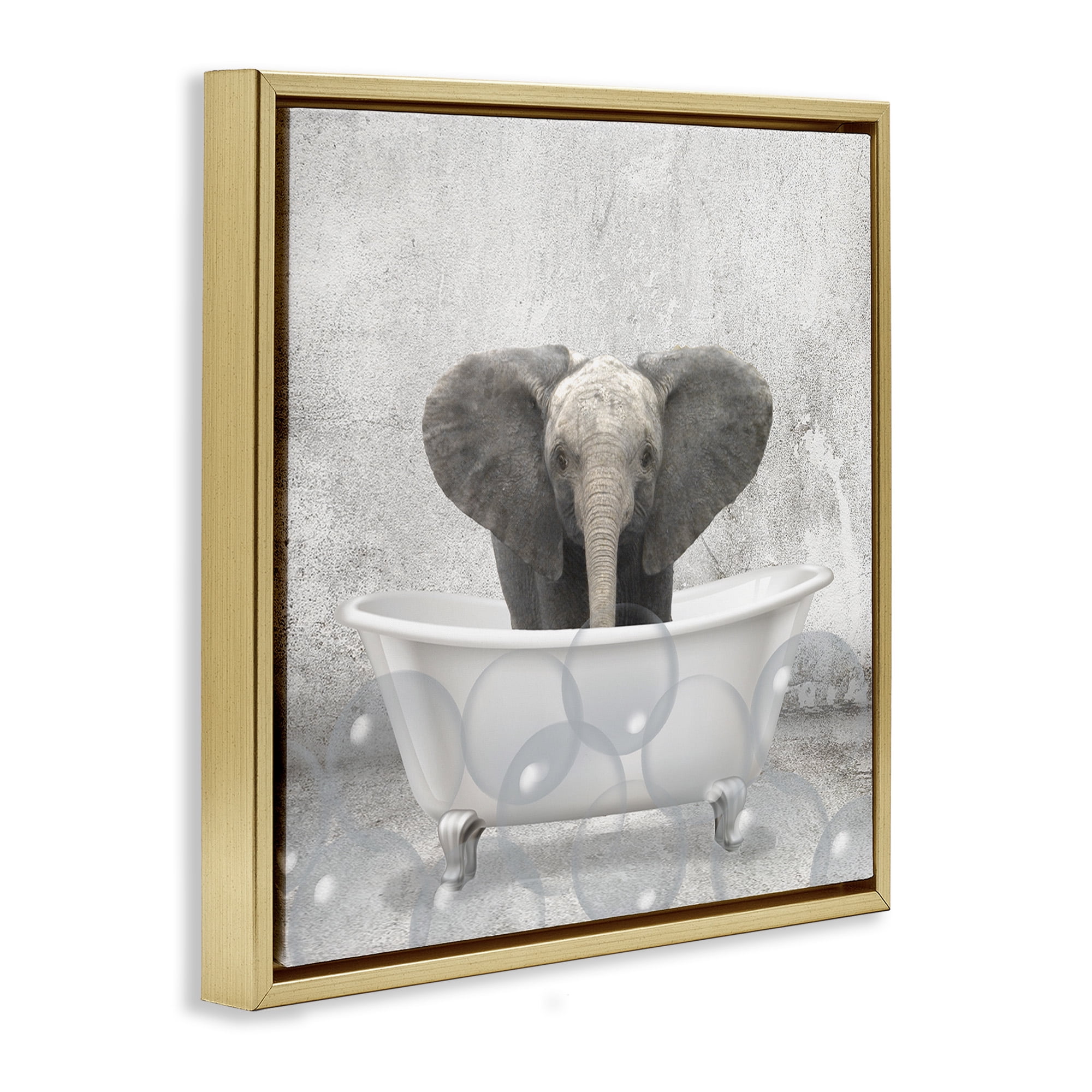 Stupell Industries Baby Elephant Bath Time Animals & Insects Painting Gold Floater Framed Canvas Art Print Wall Art, 25 x 25