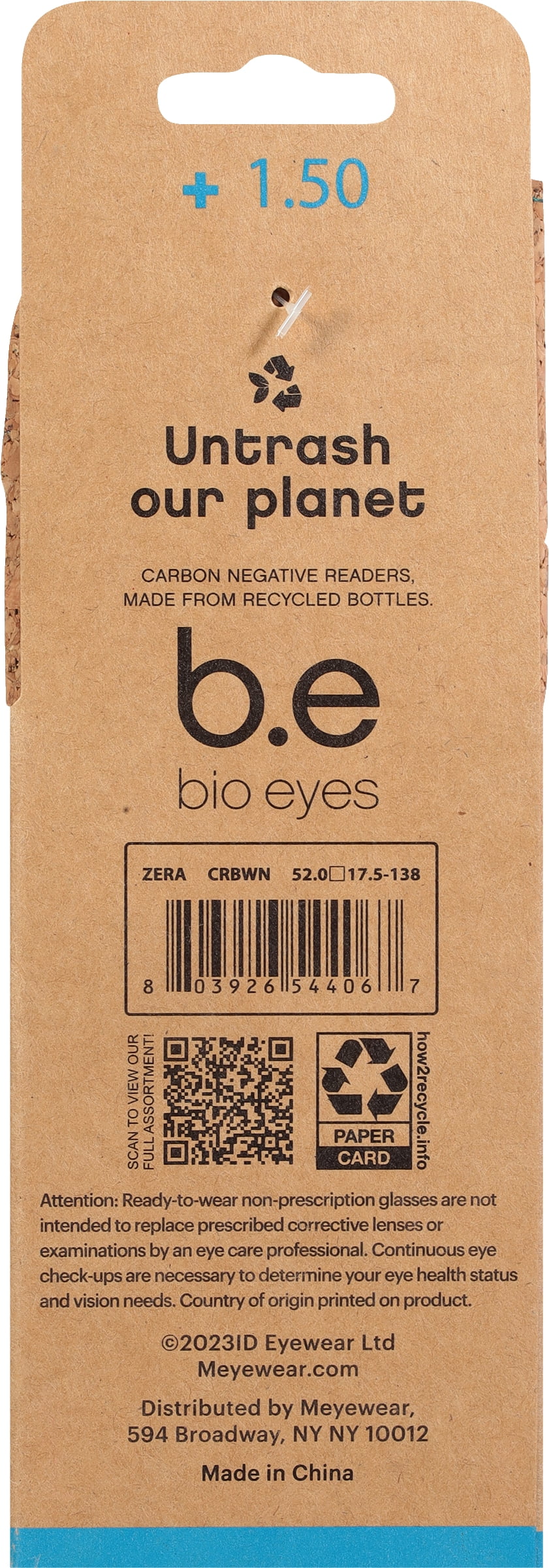 B.E Bio Eyes Mens Rectangular Reading Glasses Made from Recycled Plastic Zera +1.50 in Brown