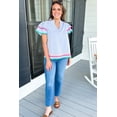 thumbnail image 4 of Women's Sky Blue Stripe Ruffled Sleeve Split Neck Blouse with Ric Rac Trim, 4 of 12