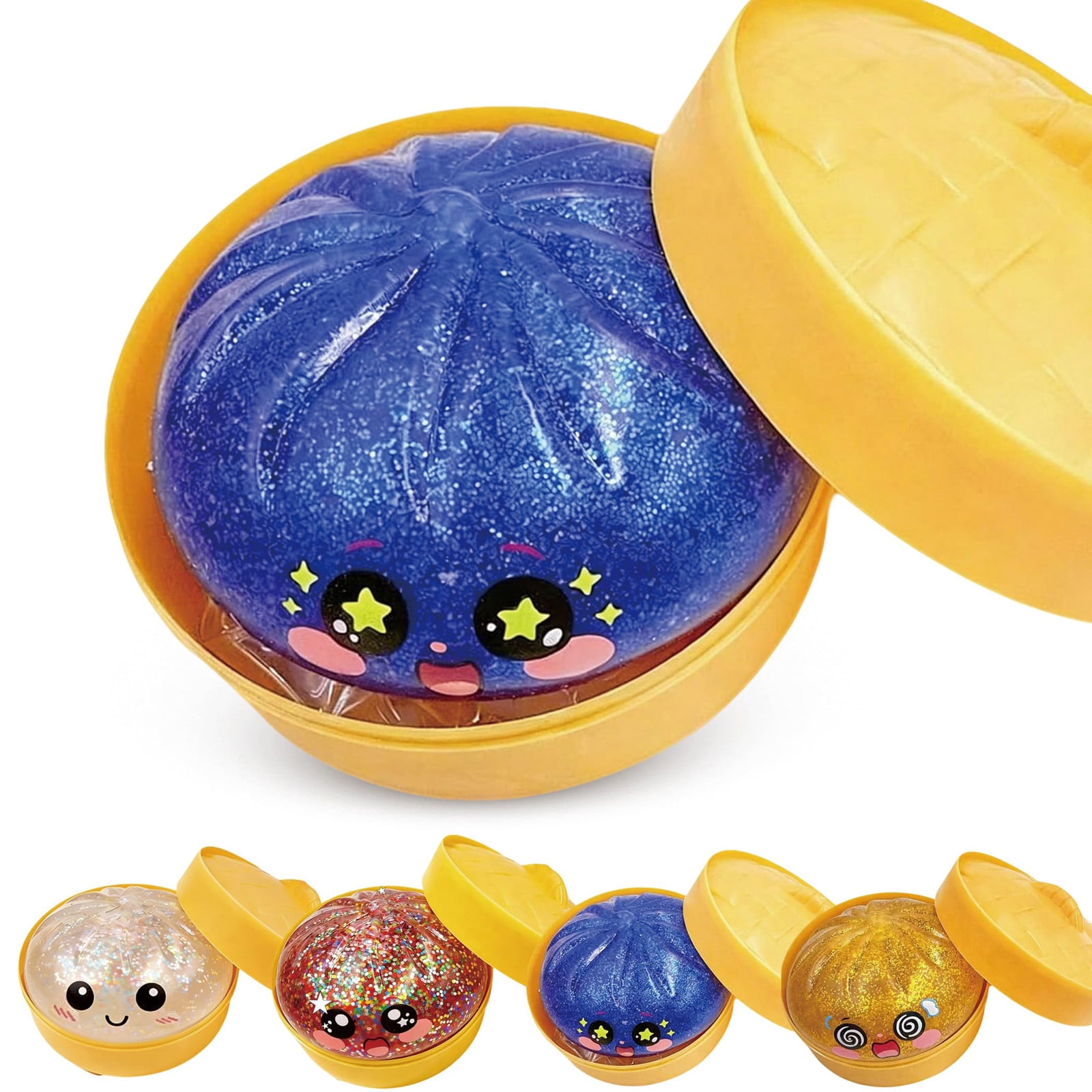4Pcs Glitter Colorful Dumpling Squishy, Cute Squishy Dumpling Large with Steamer, Squishy Dumpling Doll with Cute Expressions, Silicone Bun Sensory Fidget Dolls, Hand Pinching Decompression Dolls