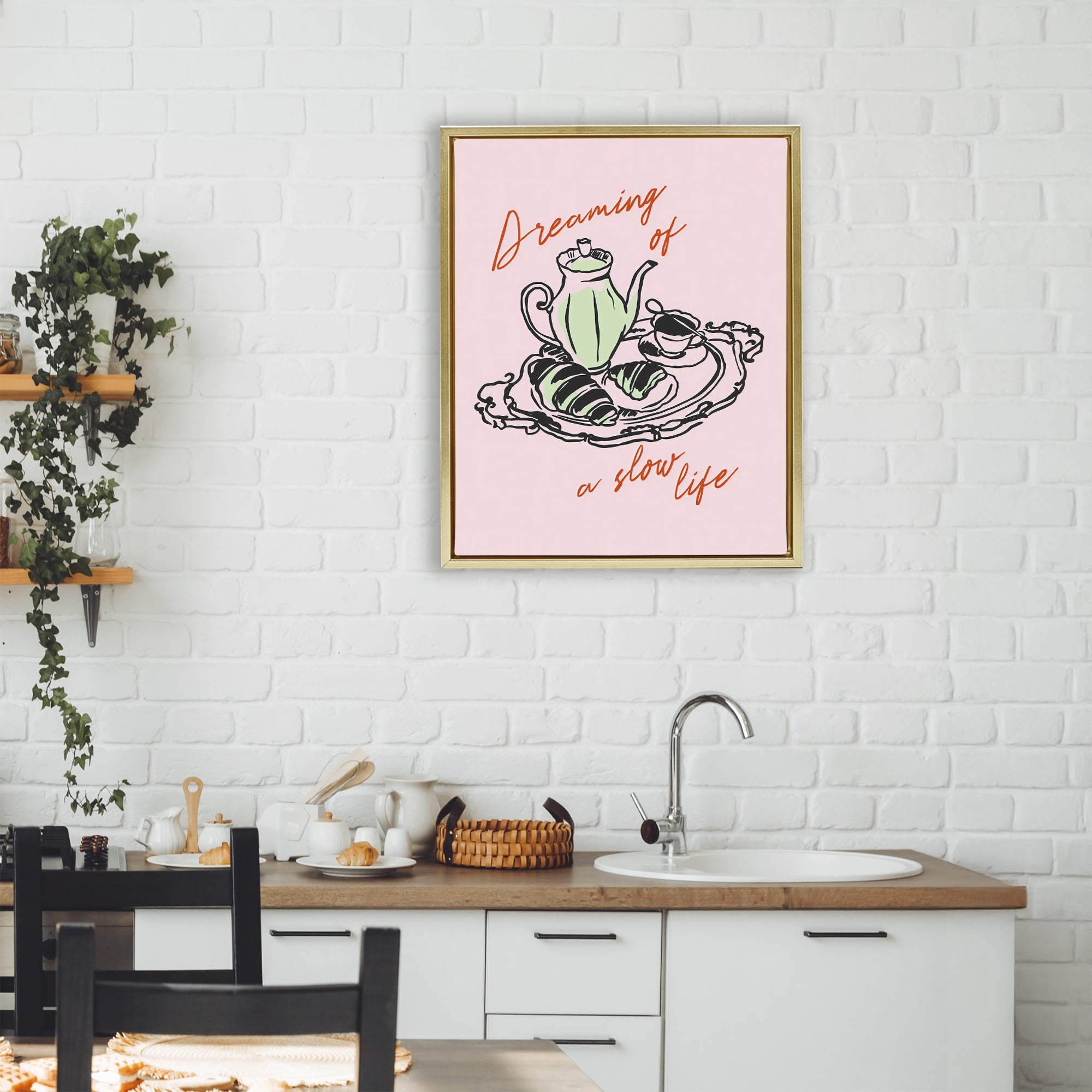 Stupell Industries Slow Life Tea Platter Gold Framed Floater Canvas Wall Art, design by The Prints Vibe