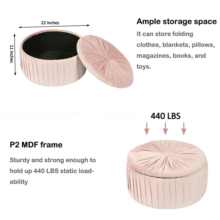 PINPLUS Round Pouf Storage Ottoman, Pink Velvet Large Foot Rest Stool Seat  with Lids, Coffee Table Footrest Stool Seat for Living Room Bedroom