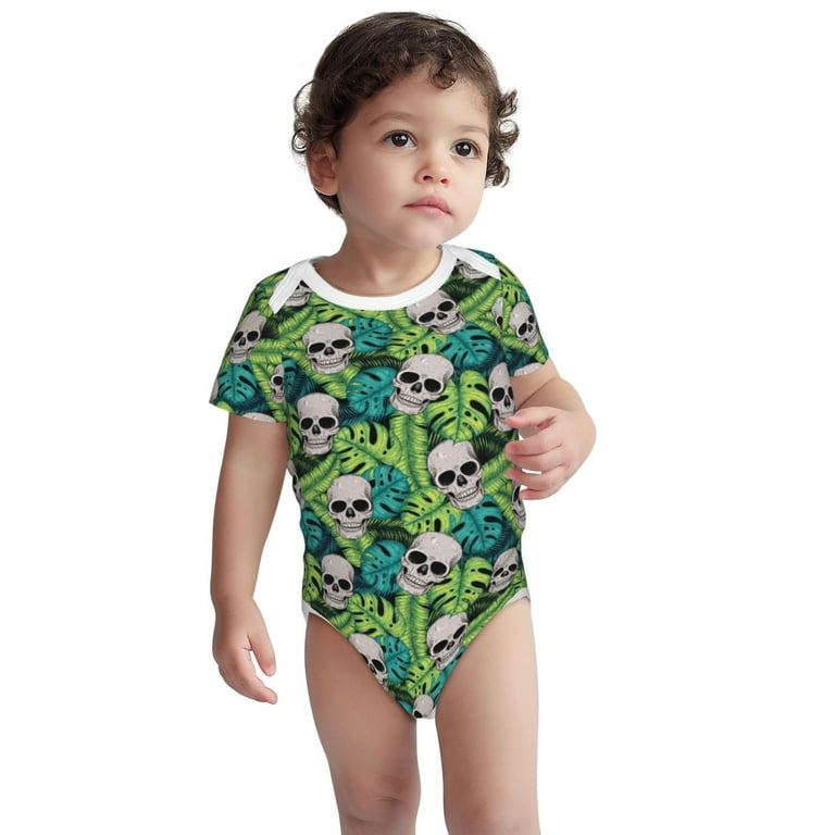 Xecao Skull and Palm Leaves Pattern Baby Climbing Bodysuit Short