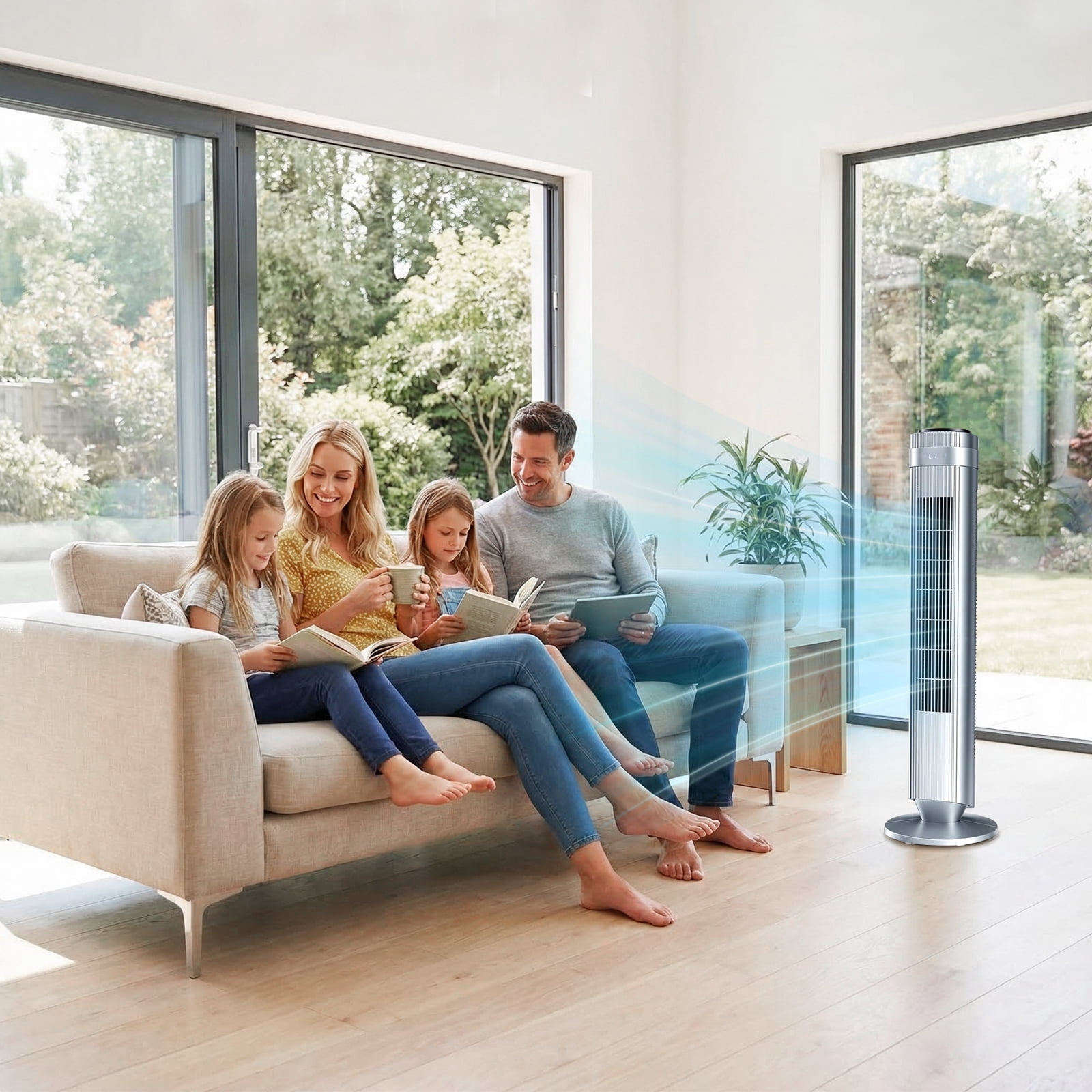 Tower Fan for Home, 64° swivel Standing Floor Fan with Remote, Bladeless Fan Cold Air Quiet, 5 Speeds, 4 Modes, LED Display, Sliver