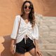 thumbnail image 4 of Camisa de gasa con manga de siete puntos y cordón de moda informal con cuello en V para mujer （blanco）, 4 of 5
