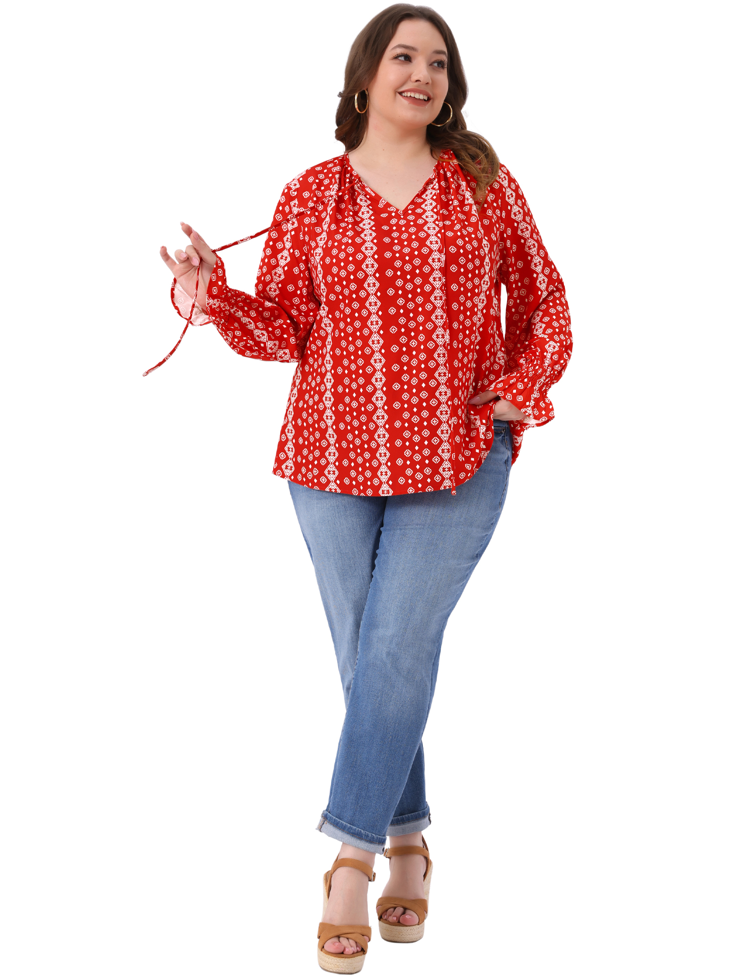 DARING DIVA Women's Plus Notch V Neck Drawstring Tassel Tie Blouse 1X Red