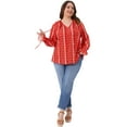 thumbnail image 3 of DARING DIVA Women's Plus Notch V Neck Drawstring Tassel Tie Blouse 1X Red, 3 of 6