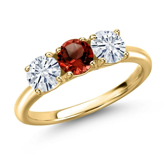 Gem Stone King 18K Yellow Gold Plated Silver Red Garnet and White Moissanite Engagement Ring for Women | 1.55 Cttw | Round 5MM | Gemstone January Birthstone | Size 6