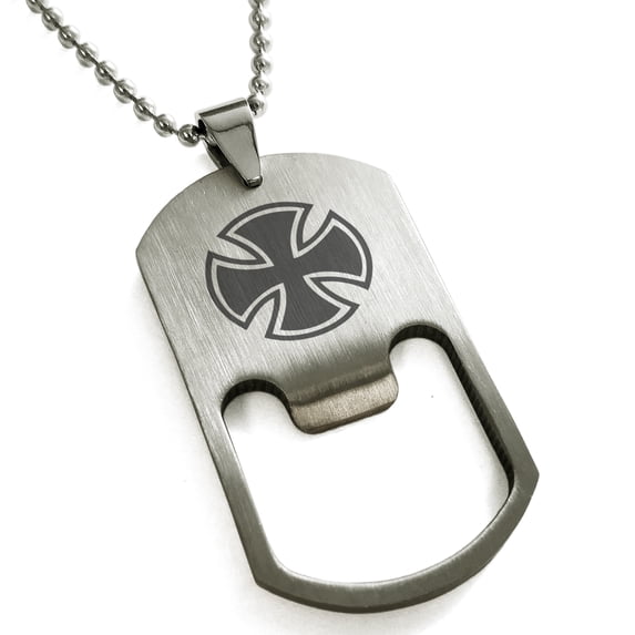 Stainless Steel Pattee Iron Cross Circlet Engraved Bottle Opener Dog Tag Pendant Necklace