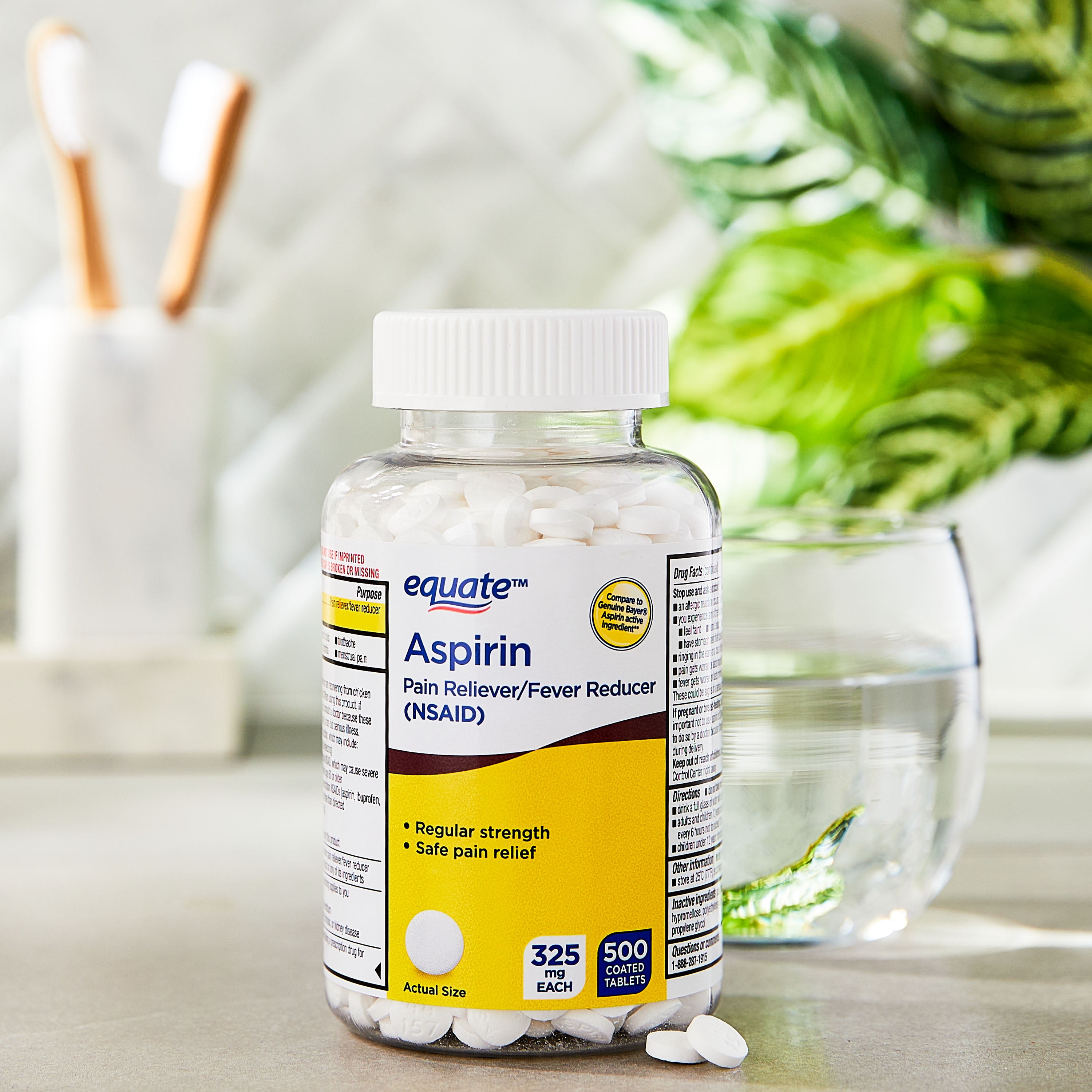 Equate Aspirin Pain Reliever/Fever Reducer Coated Tablets, 325mg, 500 Count, Compare to Genuine Bayer® Aspirin Active Ingedient