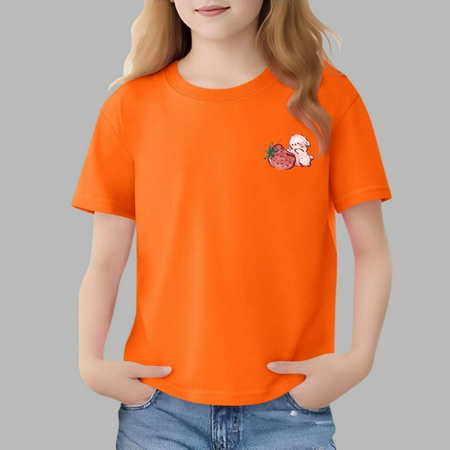Blusas y camisas de manga corta con cuello redondo para niños Camiseta de verano de manga corta estampada para niñas Jersey elegante de cuello redondo para niñas Top de algodón para niños