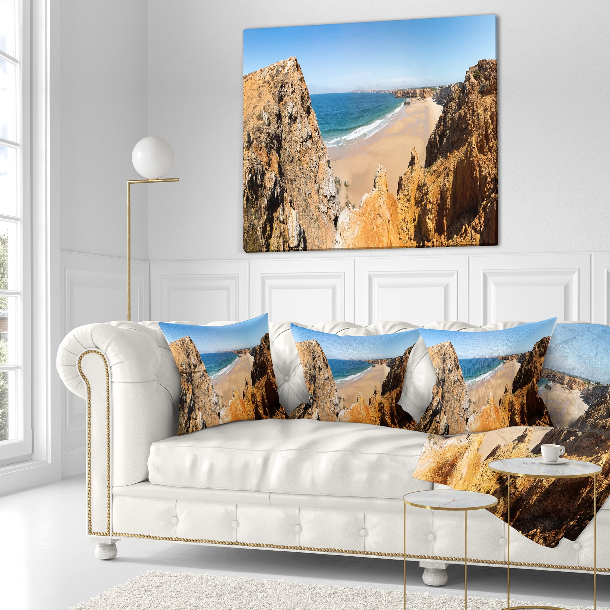 Designart Rocky Bay Portugal Panorama - Landscape Printed Throw Pillow - 16x16