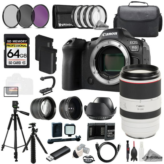 Canon EOS R6 II Camera   RF 70-200mm f/2.8L IS USM Lens 64GB Ext Bat 9 PC Filter-MEGA Kit (International Version)