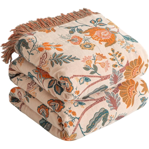 Boho Throw Blanket for Bed 60”x80”, 100% Cotton Woven Blanket for Couch Sofa, Ultra Soft 4-Layer Muslin Quilt with Floral Printed, Farmhouse Bed Blanket/Cover for Living Room Decor