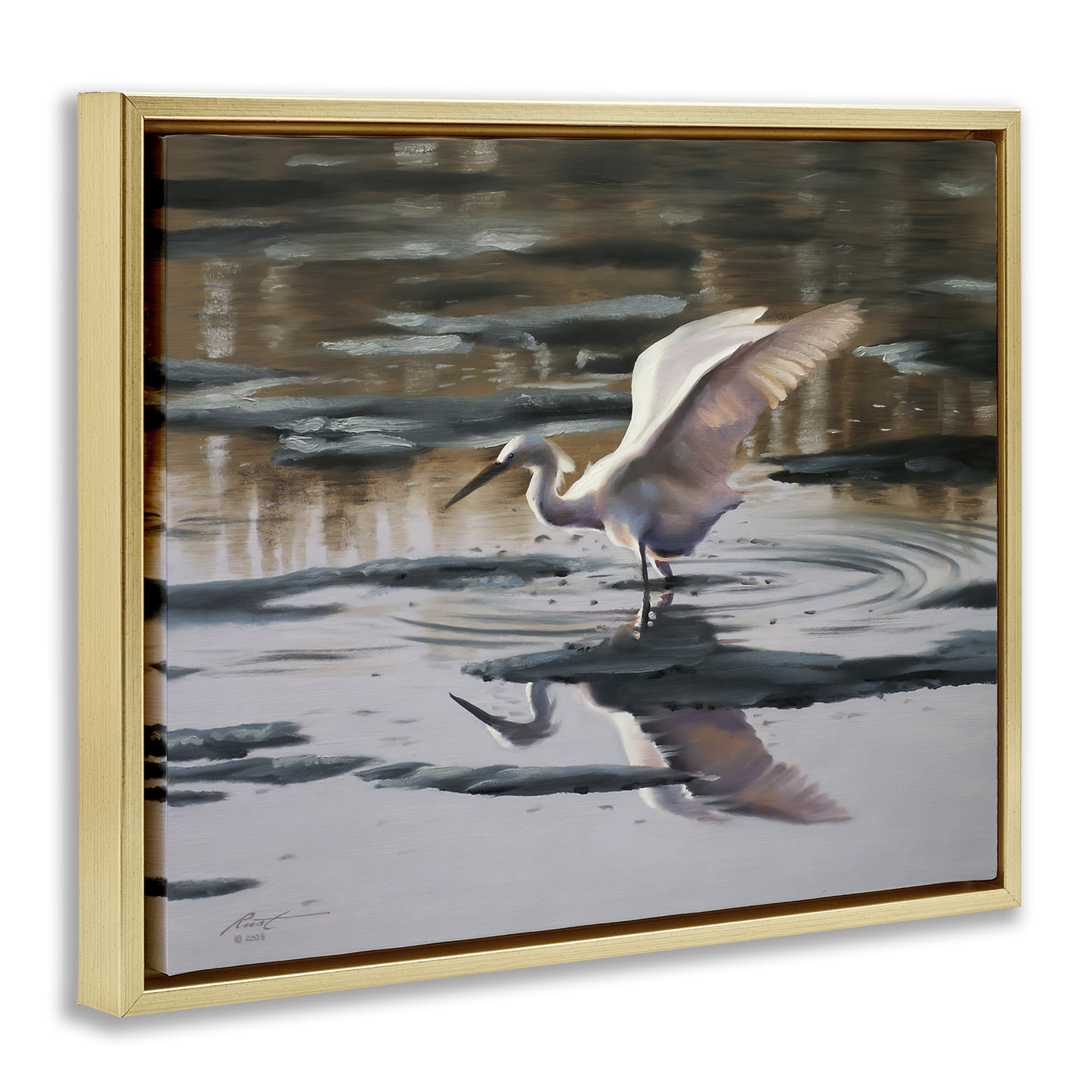 Stupell Industries Swan Landing in Water Animals & Insects Painting Gold Floater Framed Canvas Art Print Wall Art, 21 x 17