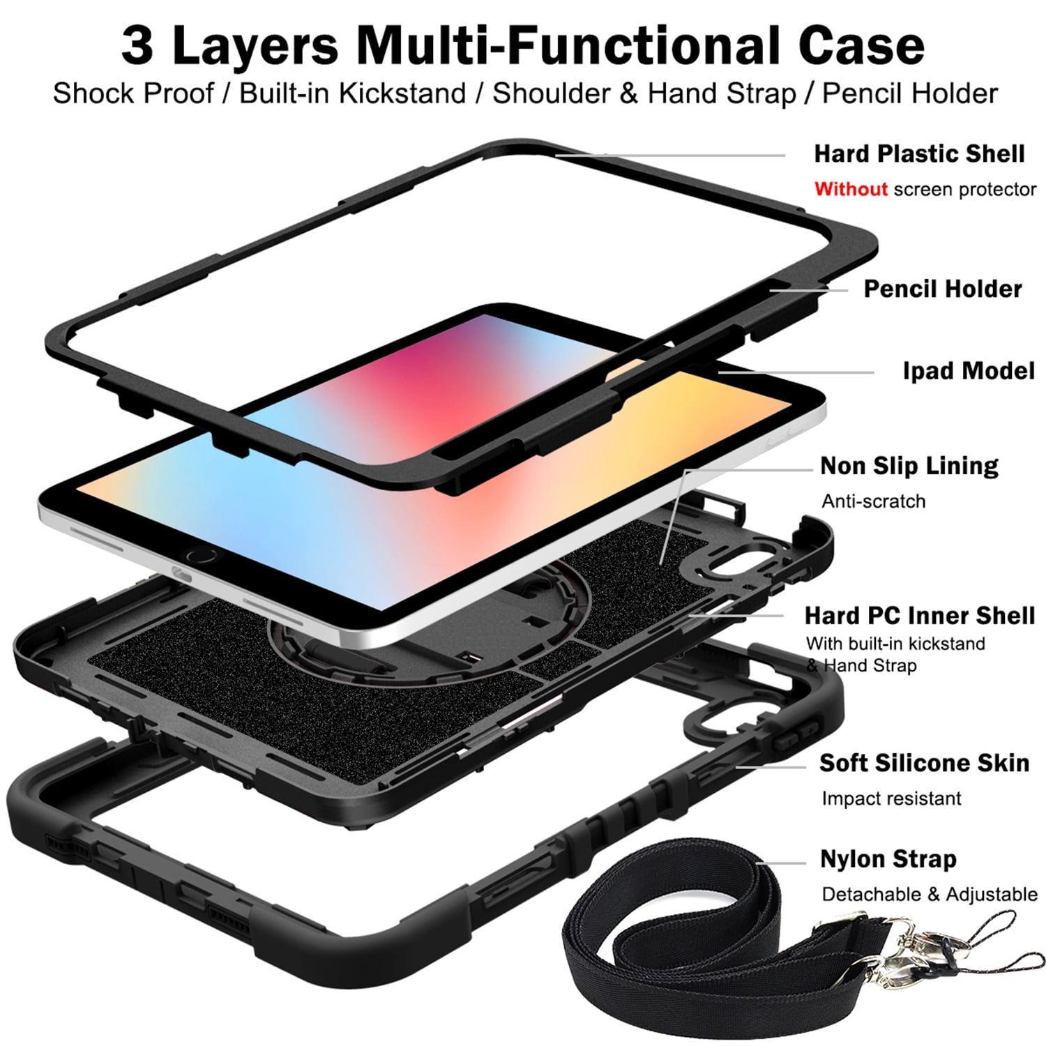 Tarise Case for Apple iPad 10th Generation 10.9 inch (2022), 360° Rotating Kickstand with Pencil Holder/ Hand Strap/ Shoulder Strap Hard PC Rugged Silicone Shockproof Bumper Swivel Stand Cover, Black