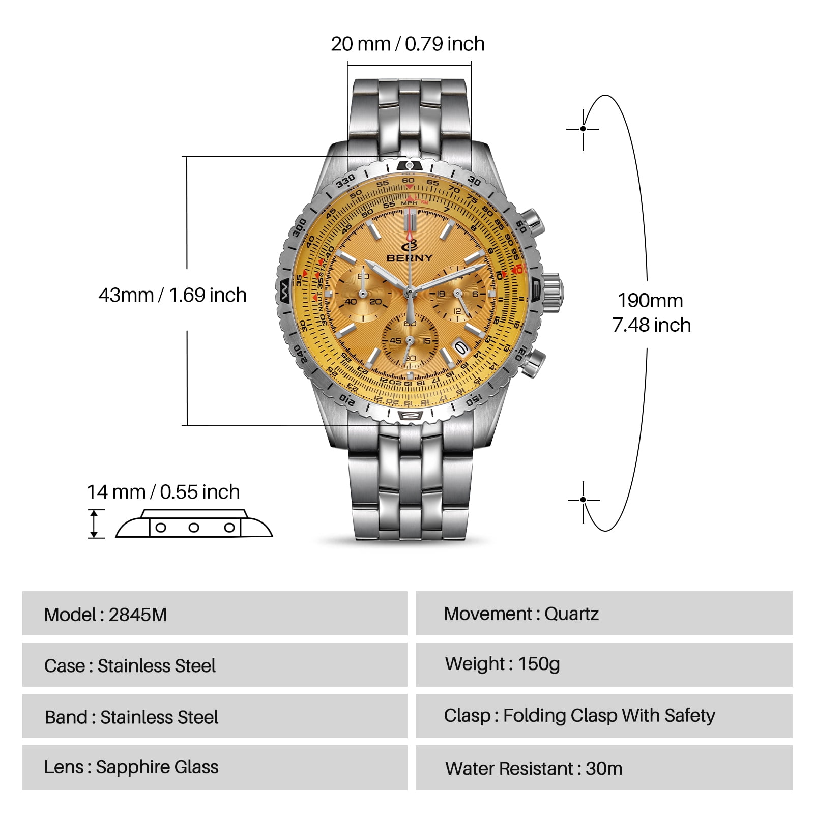 BERNY Silver Chronograph Watches for Men, Sport Luxury Analog Quartz Watch with Tachymeter, Stainless Steel, Waterproof, Luminous, Sapphire Crystal, Date Calender, Men's Wristwatch (Gold)