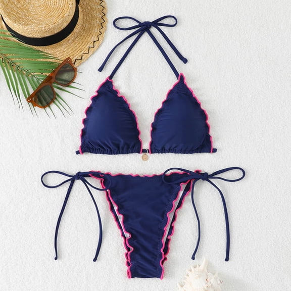 Bikini Sets for Women Triangle String Bikini Set Color Block Ruffle Trim Two Piece Brazilian Swimsuit Spaghetti Strap Tie Swimwear