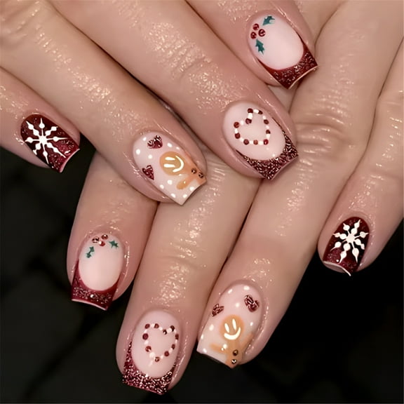 24x Christmas Press On Nail Gingerbreads Man False Nail Glittering Full Cover Stick on Nail Snowflake Acrylic Nail