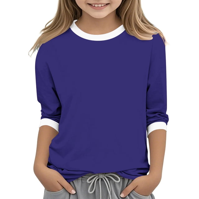 Zpanxa Girls Athletic Shirts Solid Color Three Quarter Sleeve Round Neck Polyester Spandex Top 5 Years