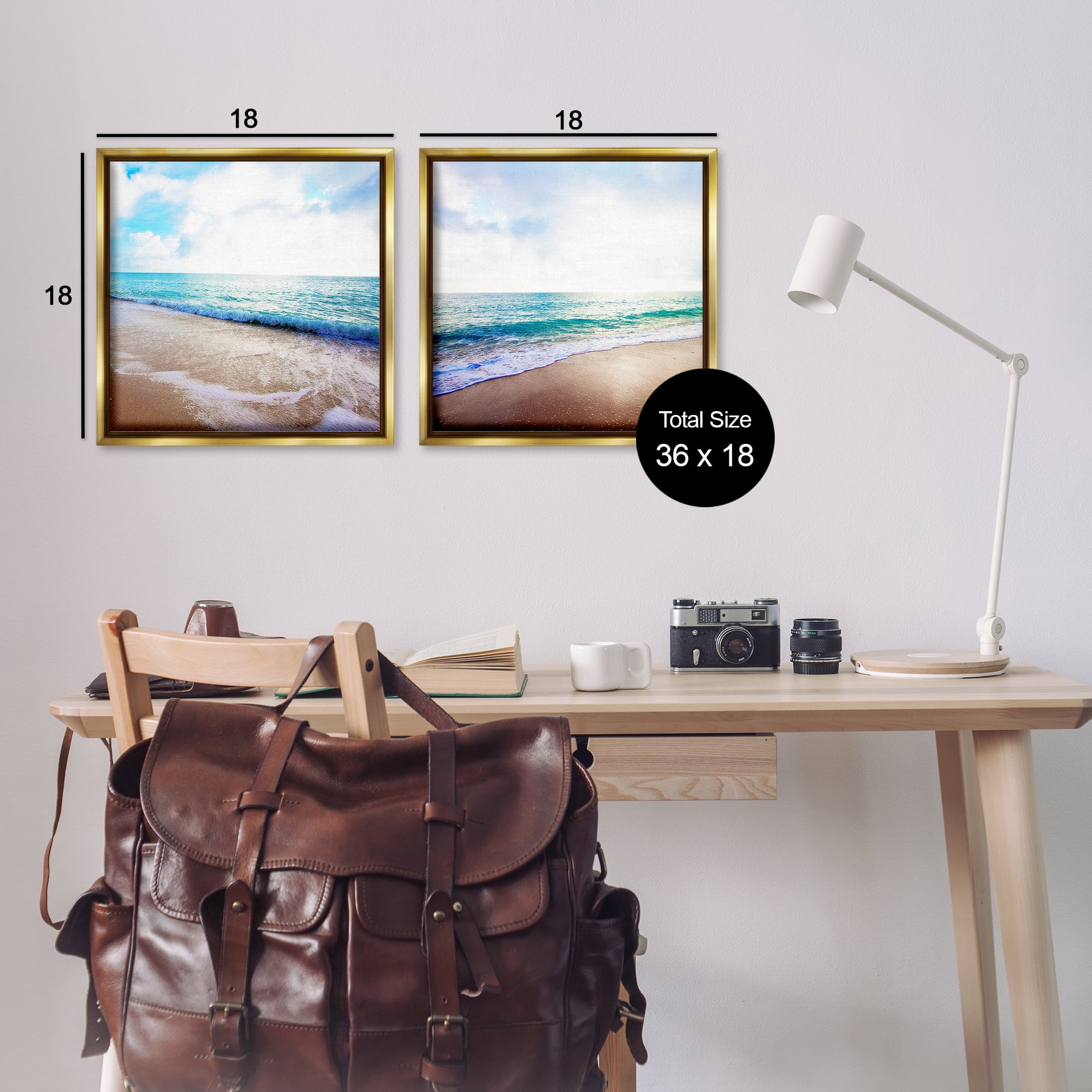 Stupell Industries Waves Breaking Shoreline Landscape & Nature Photography Gold Floater Framed Canvas Art Print Wall Art, 18 x 18, Set of 2