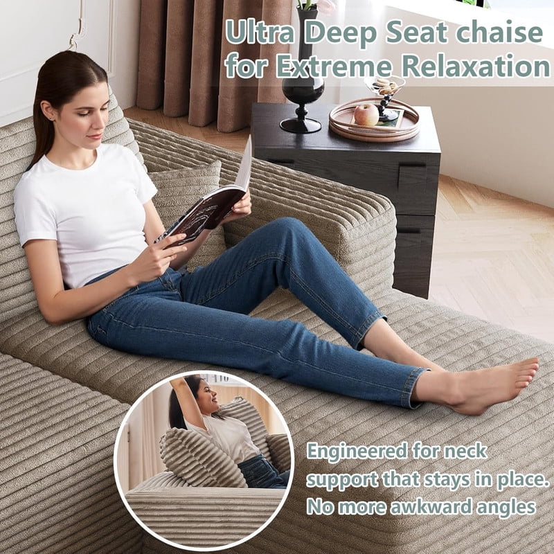 94" Modular Sectional Sofa with Ottoman, Modern Corduroy Cloud Couch with Deep Seat, Upholstered 3-Seater U-Shaped Sofa for Living Room, Right Facing Chaise