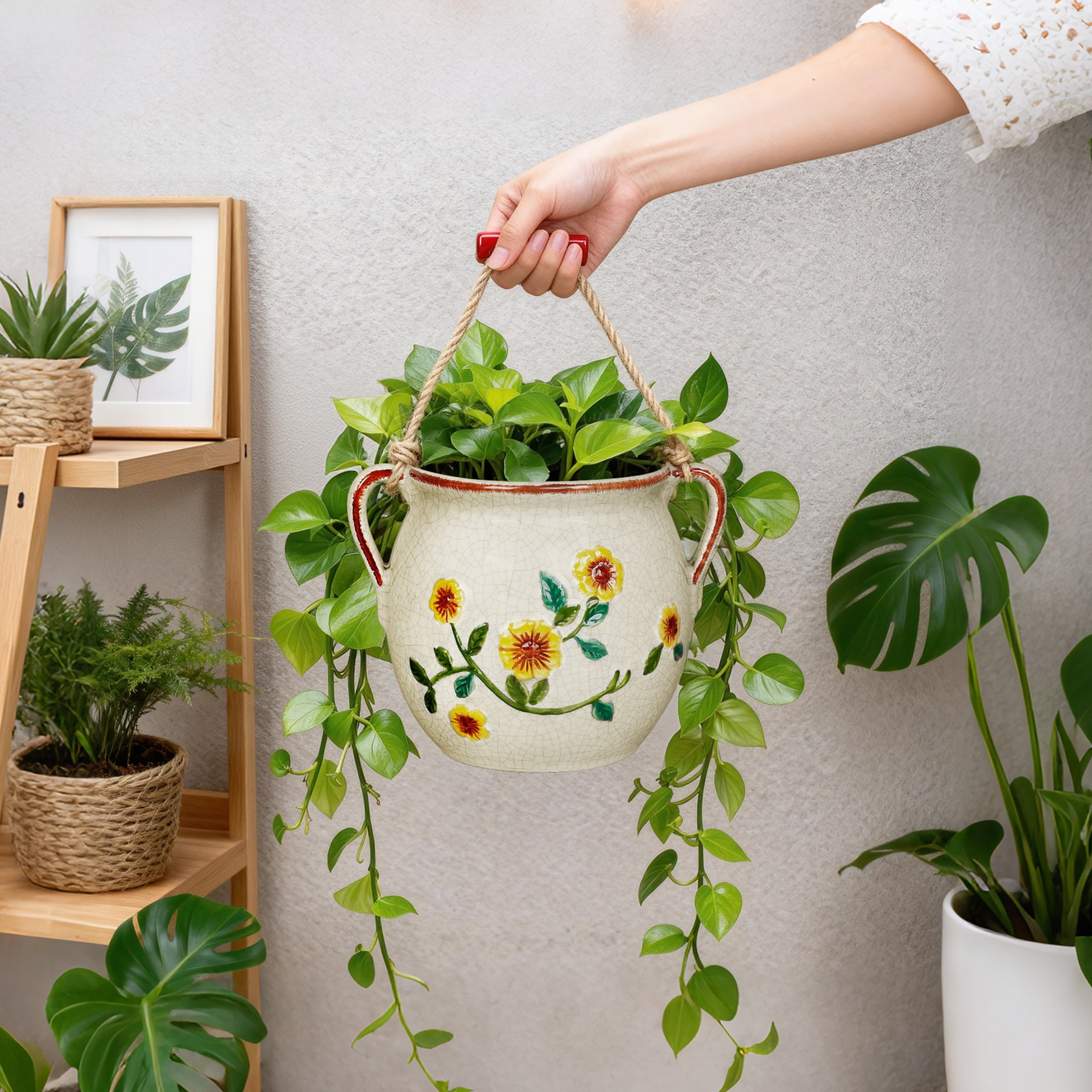 BUYMAX 6 inch Rustic Ceramic Planter with Handles, Embossed Sunflower Pot, Vintage Crackle Glaze Flower Container for Home & Garden Décor