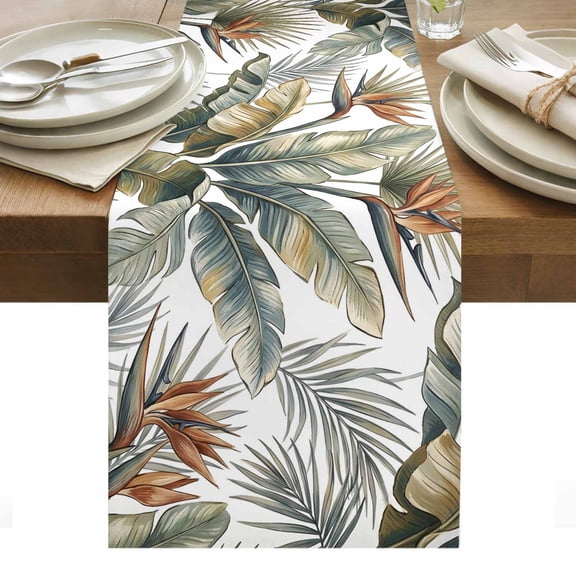 Green Palm Leaves Table Runner Seaside Summer Botanical Tropical Tablerunners 13 x 36 Inch, Table Decorations Tabletop Scarf for Summer Gathering Holiday Farmhouse Kitchen Dining Decor