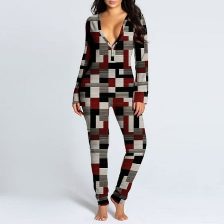 

PEONAVET Onesie Pajamas for Women Sexy V Neck Butt Button Flap Jumpsuit Christmas Printed Jumpsuits Long Sleeve Button Onesies Pajama Club Rompers Sleepwear Gifts for Women