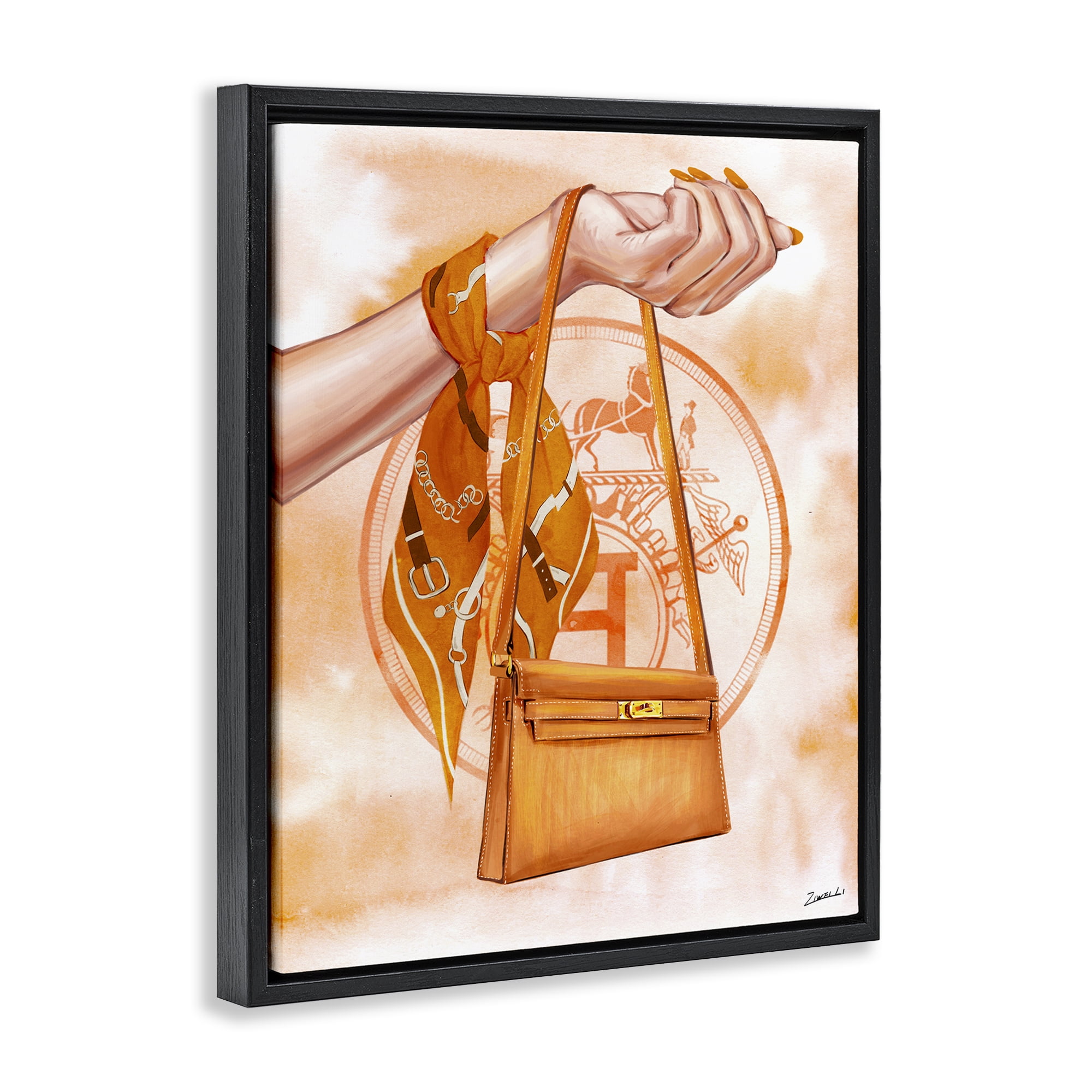 Stupell Industries Holding Orange Handbag Fashion Painting Black Floater Framed Canvas Art Print Wall Art, 17 x 21
