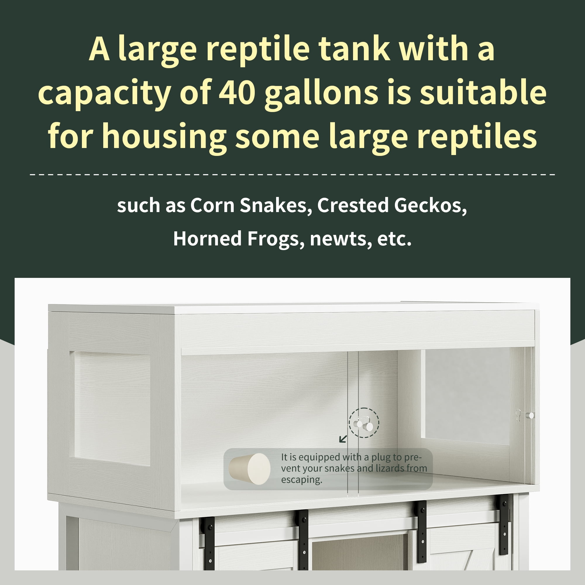Herture 40 Gallon Reptile Terrarium with Stand, Reptile Tank with Barn Door and Storage, Vivarium with Acrylic Doors, Ventilated Mesh Top & Power Outlet, for Geckos, Lizards, Snakes White PX06RTW