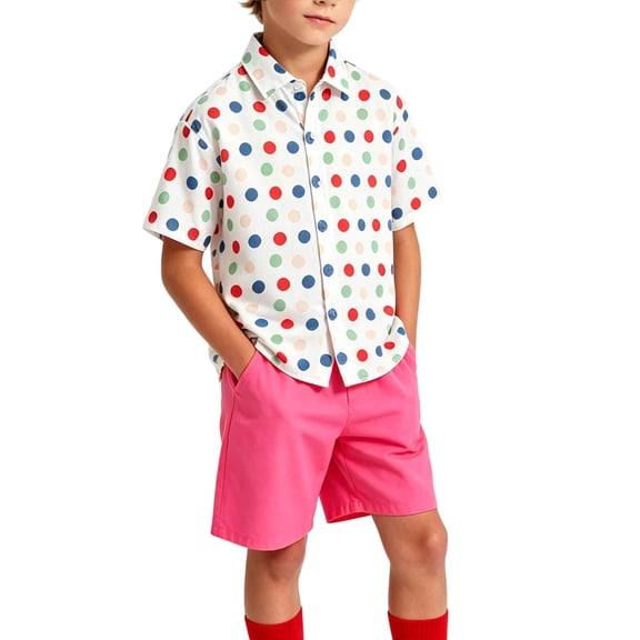 hoksml Boys Polka Dot Short Sleeve Shirt and Elastic Shorts Set, Back to School Outfit, Breathable 2PCS, Machine Washable Uniform Alt