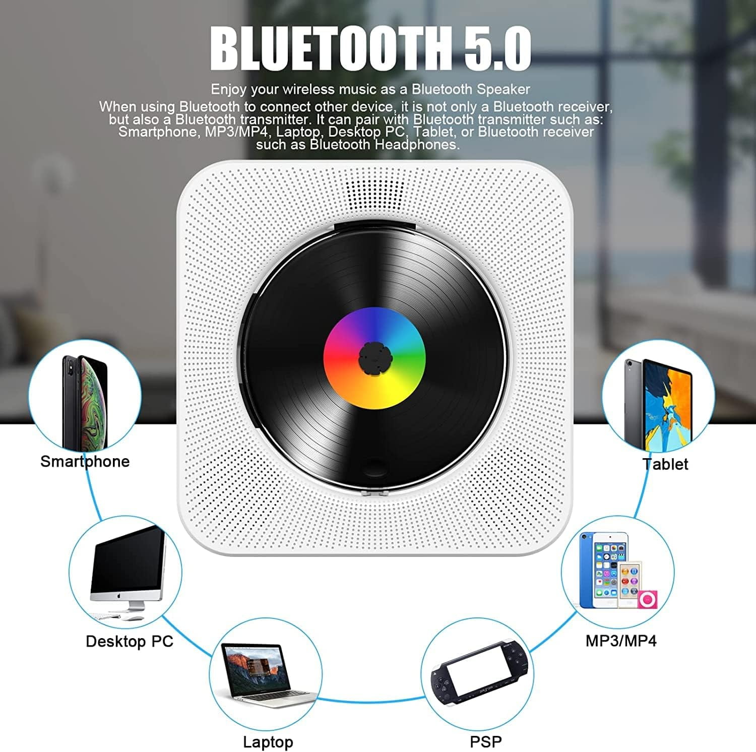 Qoosea Portable CD Player Bluetooth Desktop CD Players for Home with Timer Built-in HiFi Speakers with LCD Screen Display FM Radio USB Type-c White