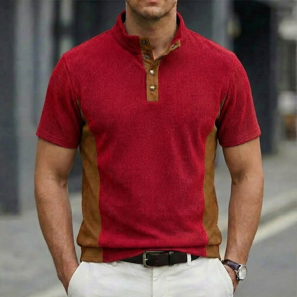 Ceisia Men's Loose Fit Ribbed Polo Shirt Short Sleeve Stand Collar Color Block Casual Daily Summer Tops Red L Gifts