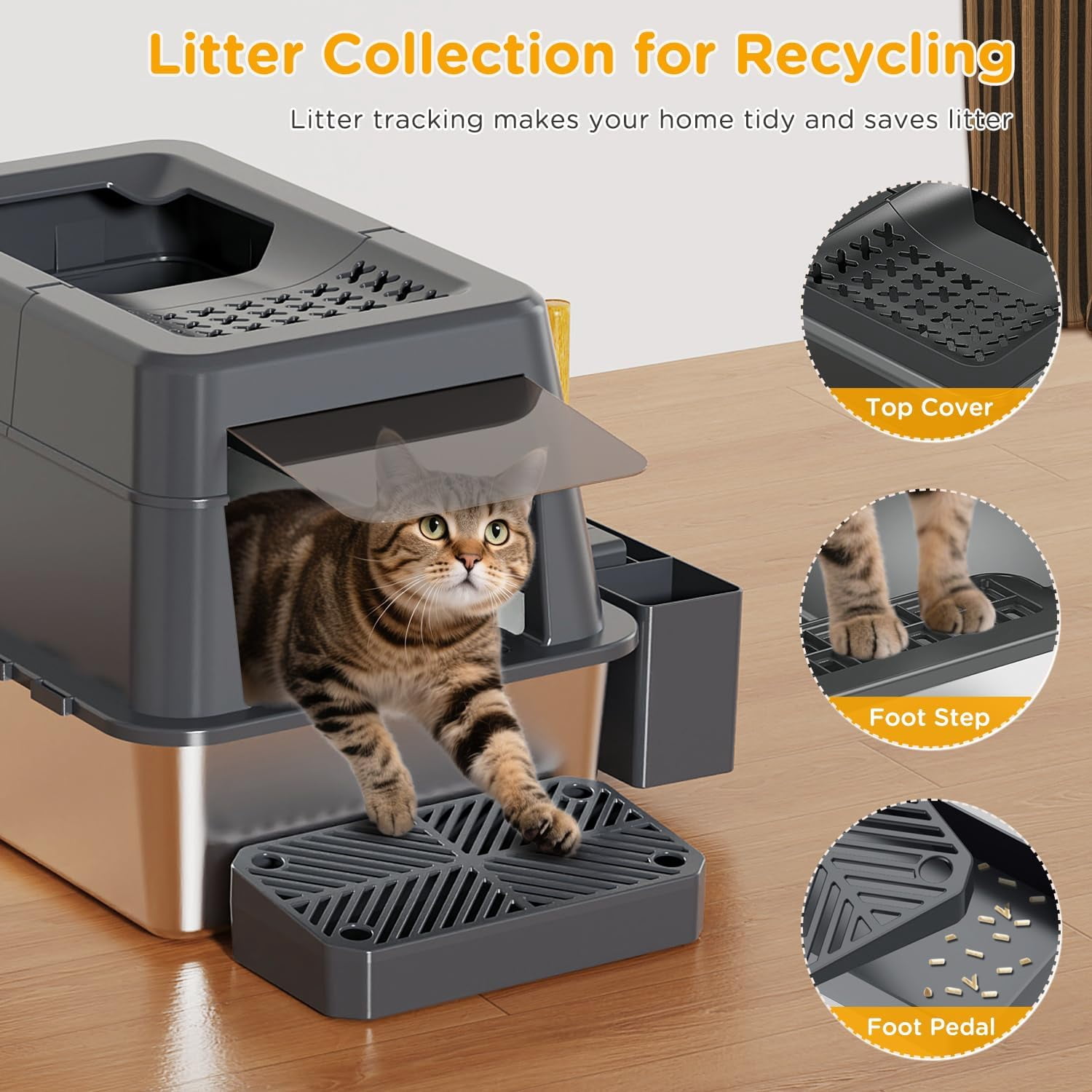Stainless Steel Litter Box with Lid, XL Closed Metal Litter Box Modular Design with Flip Lid Fits All Cats, Extra Large Covered High Sided Cat Box, Scoop, Non-Sticky, Easy Cleaning (Dark Grey)