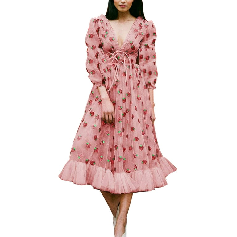 Women's V-neck Strawberry Sequin Dress, Slim Fit A-Line Summer Dress with  Short or Long Sleeves