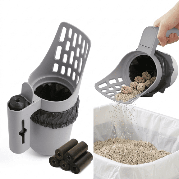 ROSEXIXI Cat Litter Scooper with Built-in Bag Dispenser, Sifting Scoop for Kitty Litter - Includes 5 Rolls Waste Bags, Easy Clean Poop Scooper for Cat Litter Box