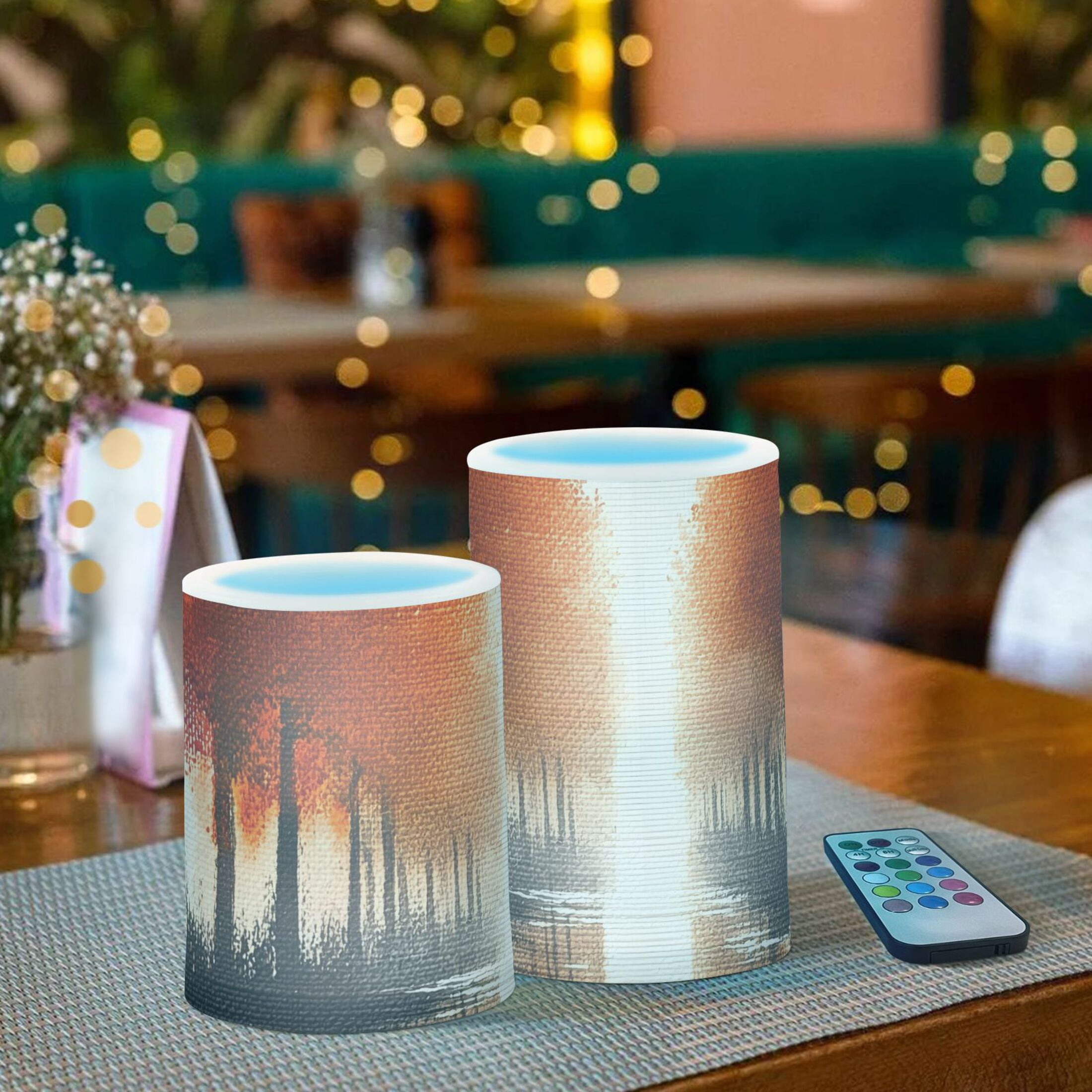 Orange Autumn Landscape Flickering Flameless Candles Battery Operated with Remote Timer LED Pillar Candles Set of 2
