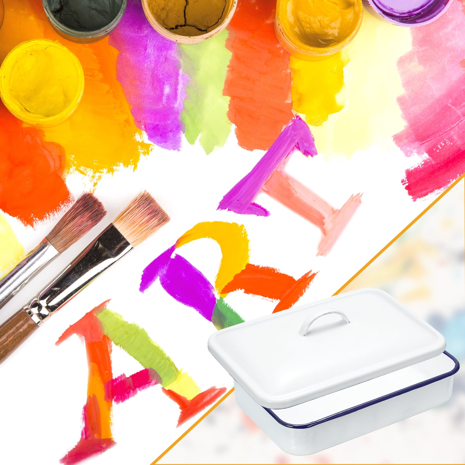 Uxcell Butcher Tray Palette 9.4" x 6.3" x 2" Metal Triple Enamel Coated Rectangular Tray Artist Painter Painting Tool with Lid for Art Paint Acrylic Watercolor Mixing