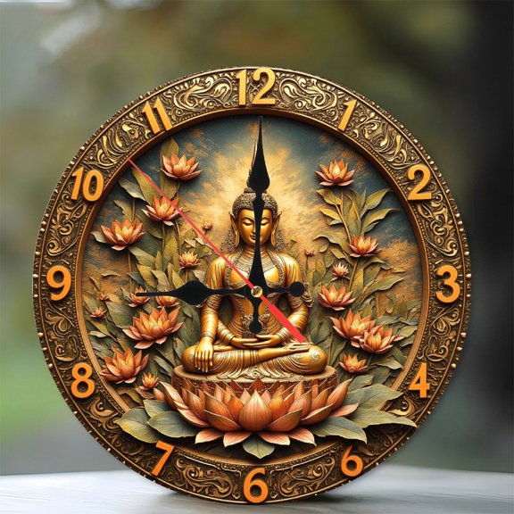 Golden Buddha Lotus Wall Clock Home Decor 10-Inch Silent Wooden Wall Clock, Battery Operated (AA Batteries Not Included), Artistic Home Decor