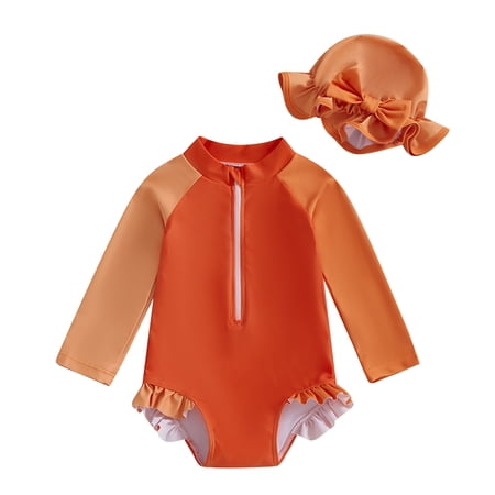 DGQPLPD Little Girl Swim Dresses Long Sleeve Hooded Color Block Swimsuit UPF Sun Rash Guard Comfortable Toddler Swimwear orange 0-3 Months