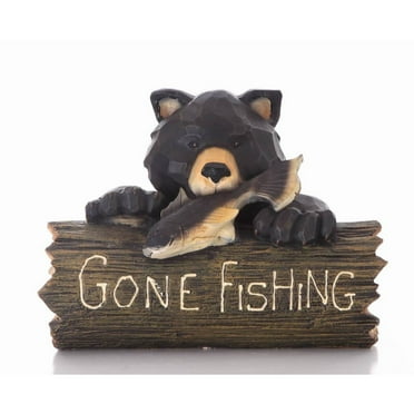 Hi-Line Gifts 12.25" Black and Brown Bear with "GONE FISHING" Sign Garden Statue