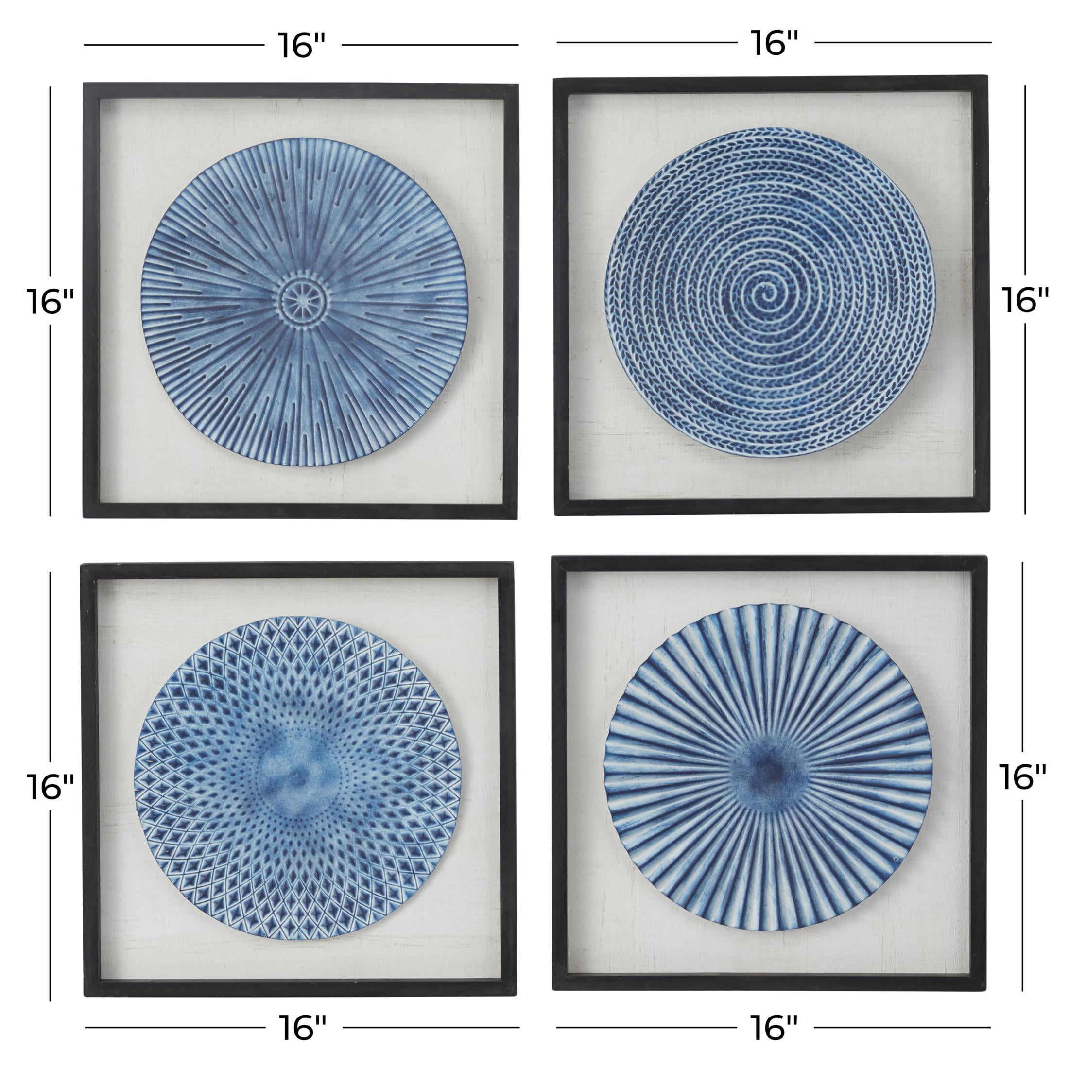 16" x 16" 3D Spiral Plate Starburst Framed Wall Art with Black Wood Frames, by DecMode (4 Count)