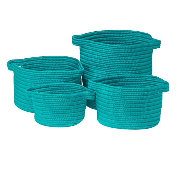 Set Of 4 Teal Blue Farmhouse Style Handcrafted Round Braided Basket 16 Com Set Of 4 Teal Blue Farmhouse Style, Teal Storage Baskets