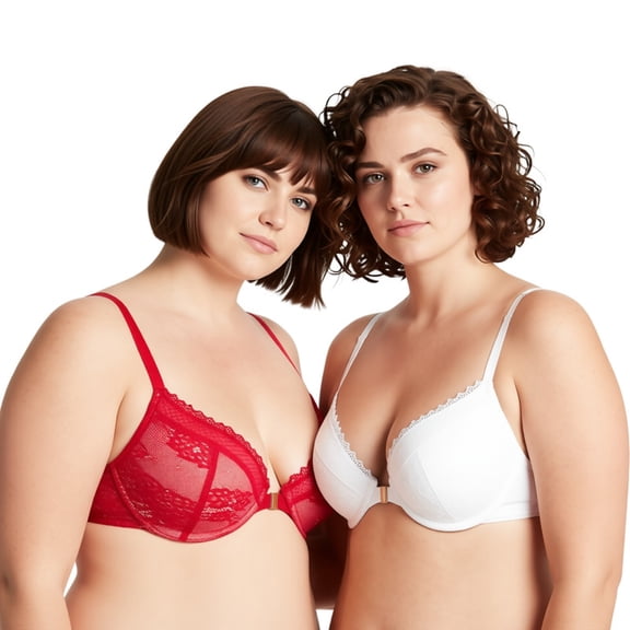 Curve Muse Women's Plus Size Push Up Add 1 Cup Underwire Halter Front Close Bras-2PK-Red,White-32B-V2
