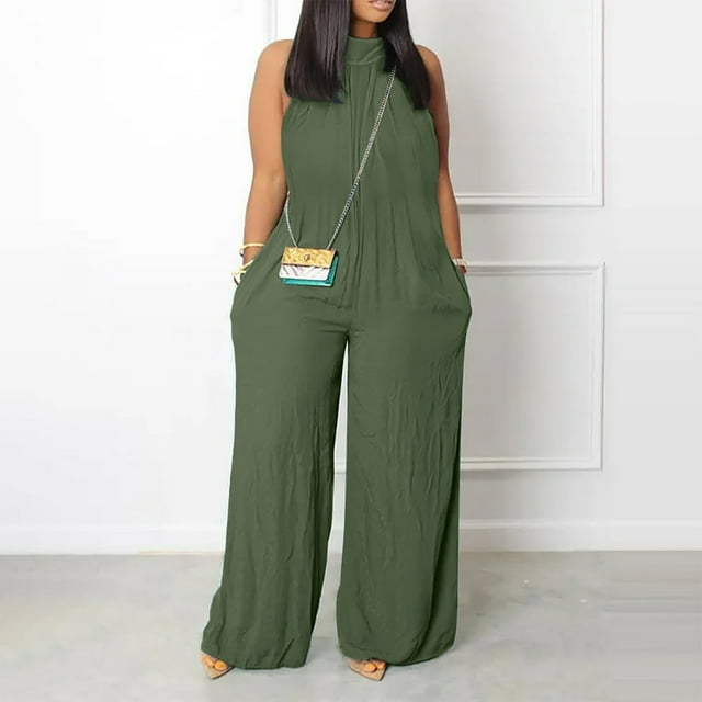 Combinaisons pour Femmes Combinaison pour Femmes Grande Taille Été Plage Sans Manches Couleur Unie Décontractée Mode Combinaison à Jambes Larges Vert Armée G