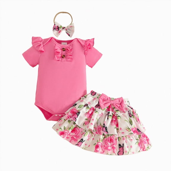 NOLDARES Newborn Infant Baby Girl Clothes Romper Set 3 Piece Jumpsuit Floral Shorts Headband Bow Short Sleeve Cute(Hot Pink,3-6 M)