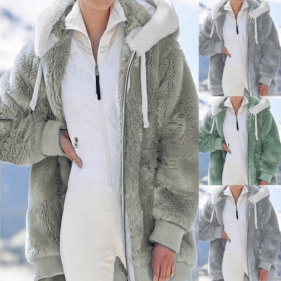 LEAVINGSUO Winter Long Coats for Women Plus Size Warm Loose Plush Zip Hooded Jacket Outwear Christmas Gift
