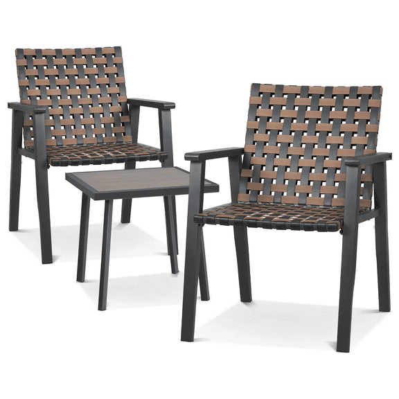 RTRWDC Black Outdoor Bistro Furniture Set, 2 PE Rattan Chairs   1 Tempered Glass Table, Steel Frame, Patio/Balcony Leisure Table & Chair Combination